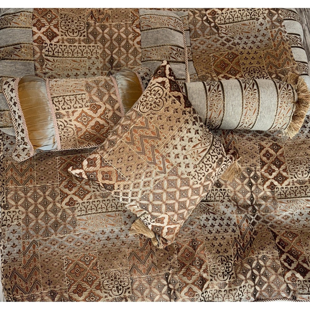 Vintage Brocade Fabric Bedspread Queen Shams Decorative Pillows Gold Tan Browns